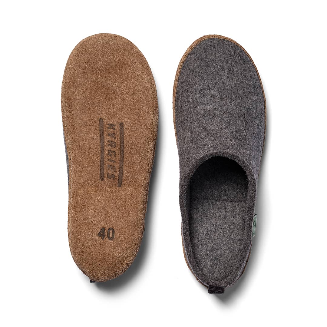 Kyrgies Indoor Wool Slides, heather grey, top-down view of leather sole beside felt upper