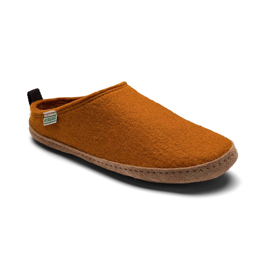 Kyrgies Indoor Wool Slides, rust wool felt, angled front view showing leather sole