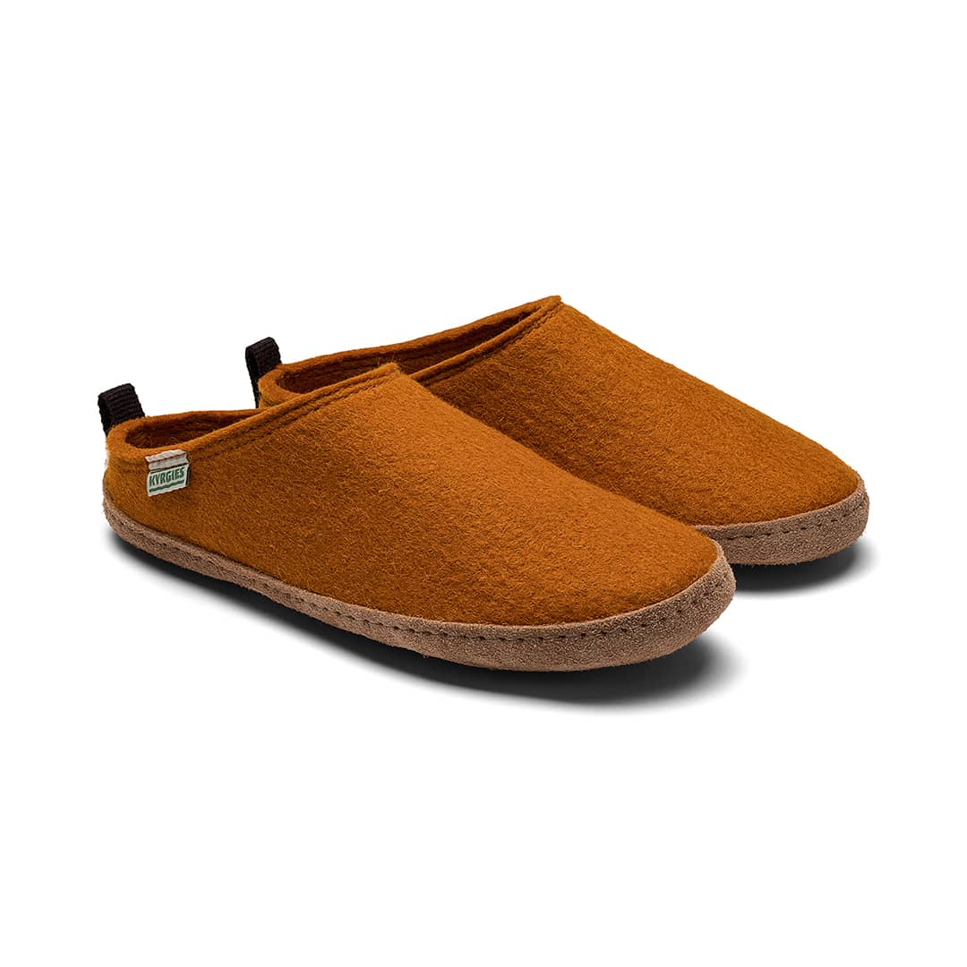 Kyrgies Indoor Wool Slides, rust wool felt, pair viewed from the side