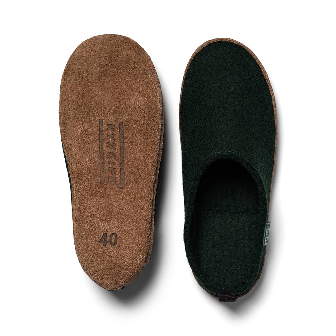 Kyrgies Indoor Wool Slides, pine green, top-down view of leather sole beside felt upper