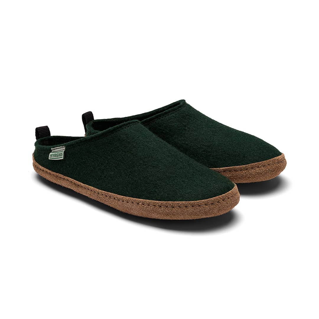 Kyrgies Indoor Wool Slides, pine green wool felt, pair viewed from the side