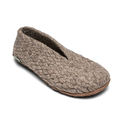 Kyrgies Wovens, taupe woven wool, angled side view showing leather sole