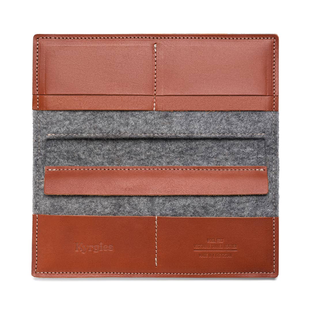 Kyrgies Travel Wallet, grey wool felt with brown leather, open flat view showing card slots