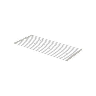 Empty white Yamazaki Home Over-the-Sink Dish Drainer - Steel isolated on white, showing a flat rectangular arrangement of parallel rods joined by flexible-looking strips at both ends.