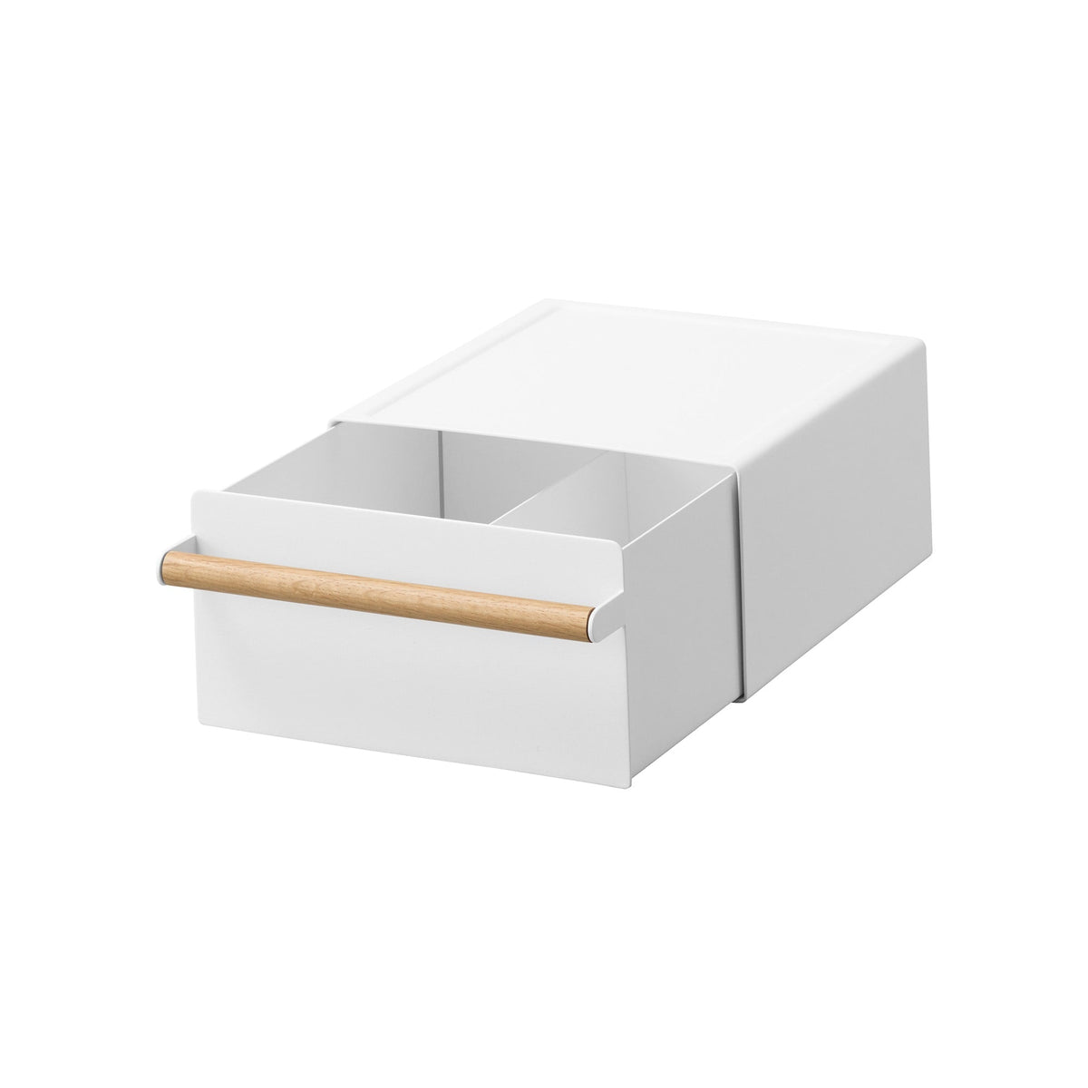 White Yamazaki Home Countertop Rack with Drawer - Steel + Wood isolated with its empty drawer extended, revealing the open interior and wooden handle from an elevated angle.