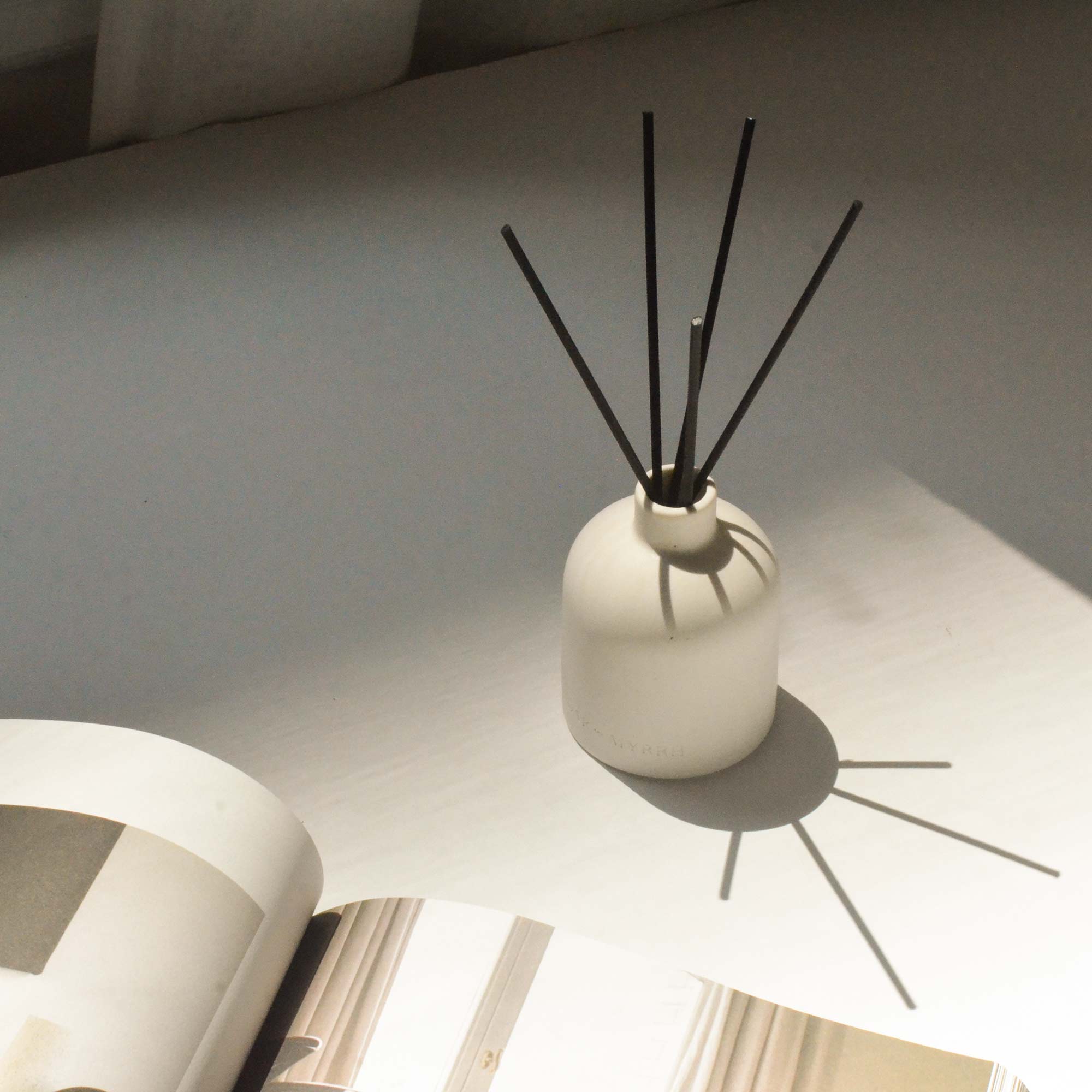 White diffuser with black sticks on a light surface