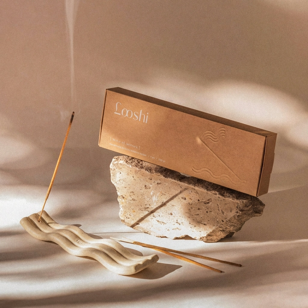 Looshi Wave of Senses ceramic incense holder with burning incense stick and packaging