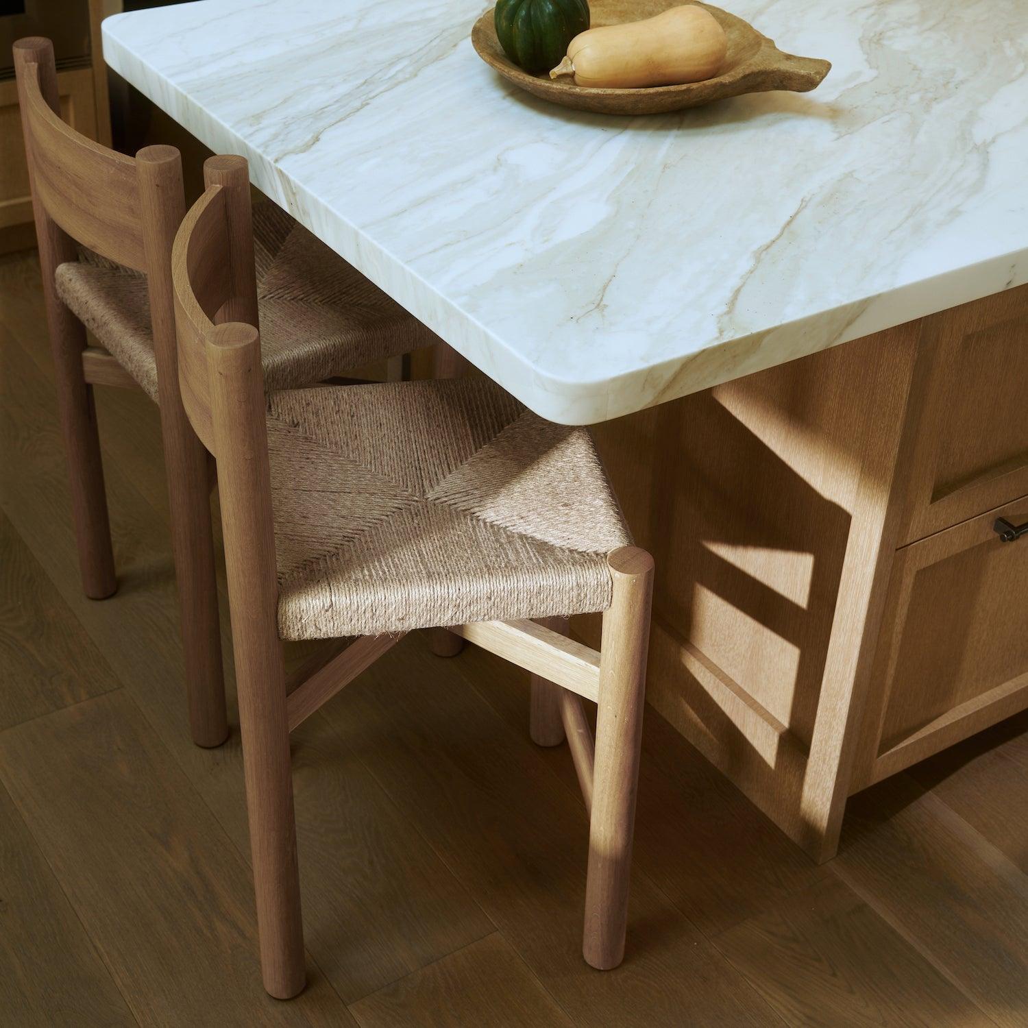 Detail of Nonna counter stool woven jute seat and oak frame
