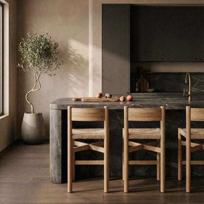 Nonna counter stools styled at kitchen island in Japandi interior