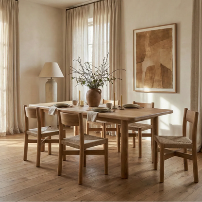 Nonna dining chairs in warm oak around Topa Topa rectangular dining table