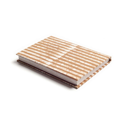 Variously Oak Brown handmade journal with a warm brown-and-white striped cover, exposed page edges and handcrafted binding