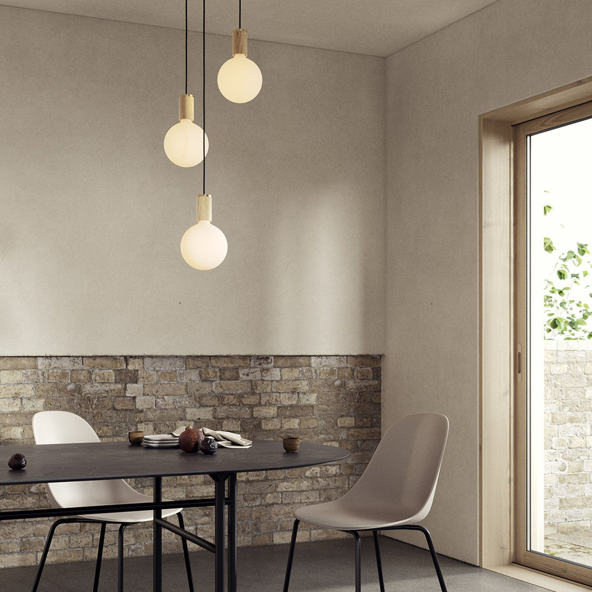 Triple Pendant in Oak + Sphere IV - White Canopy