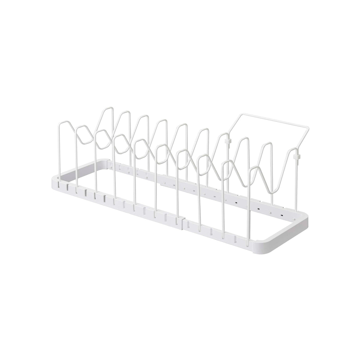 Black Yamazaki Home Adjustable Pot Lid Organizer - Steel holding silver-toned pans and glass lids on a pale background, with a badge reading The Knot Registry Awards 2026.