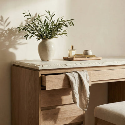 Ojai vanity desk drawer detail in white oak with marble top styled in bedroom