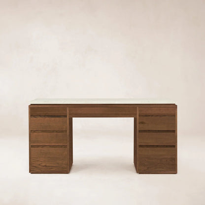 Ojai vanity desk in mocha oak with mocha marble top, front view