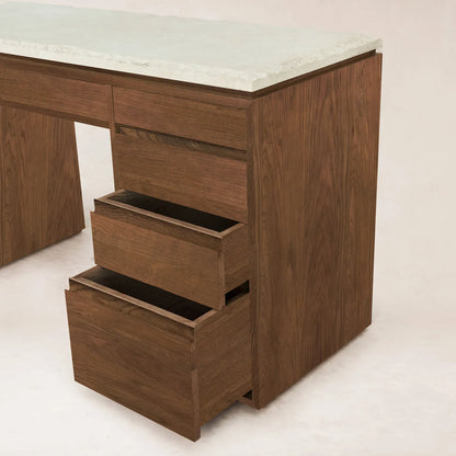 Ojai vanity desk with mocha marble top, drawer detail