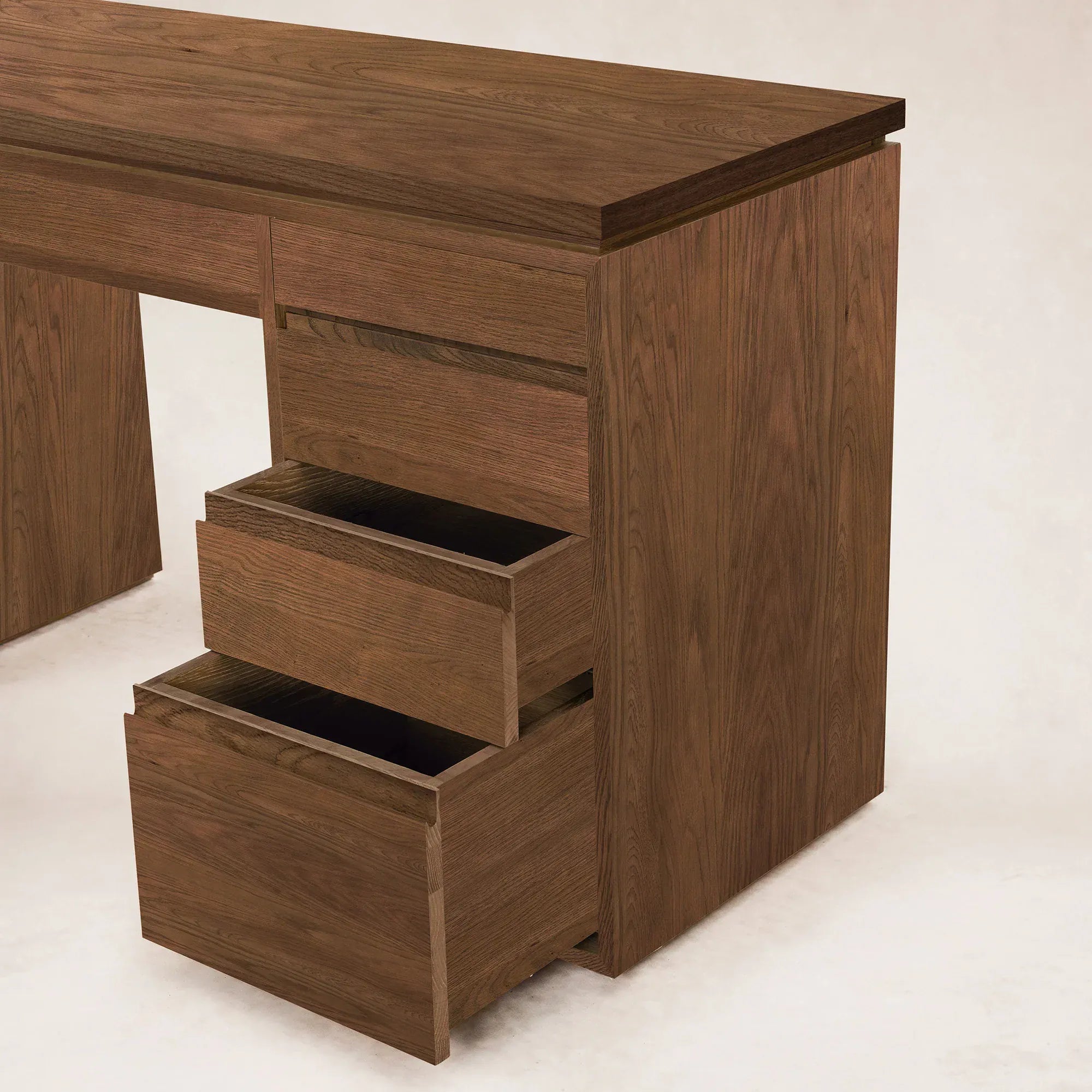 Ojai vanity desk with mocha wood top, drawer detail