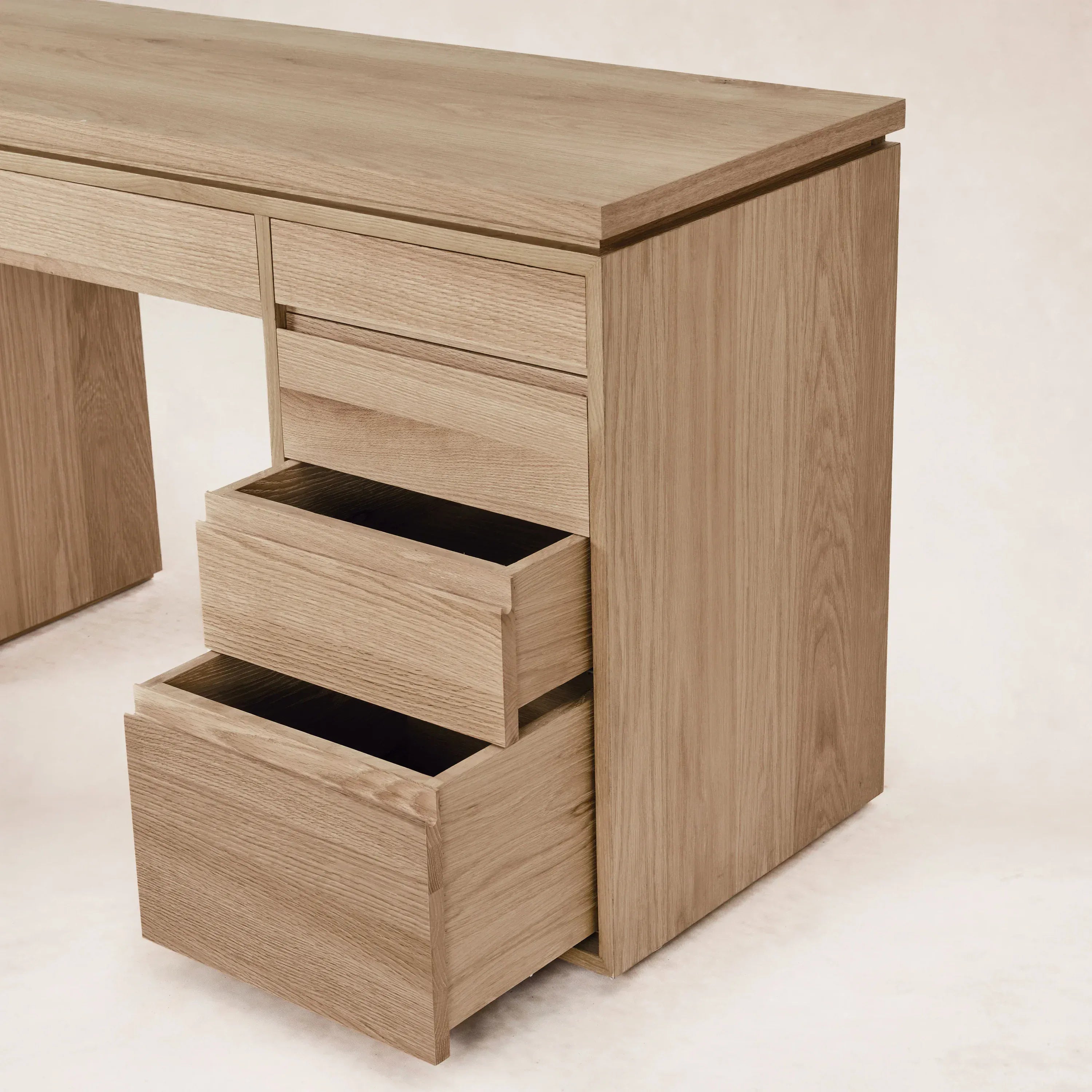 Ojai vanity desk with white oak wood top, drawer detail