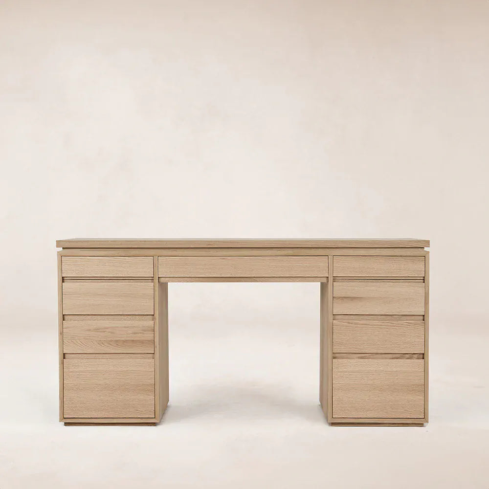 Ojai vanity desk in white oak with solid wood top, front view
