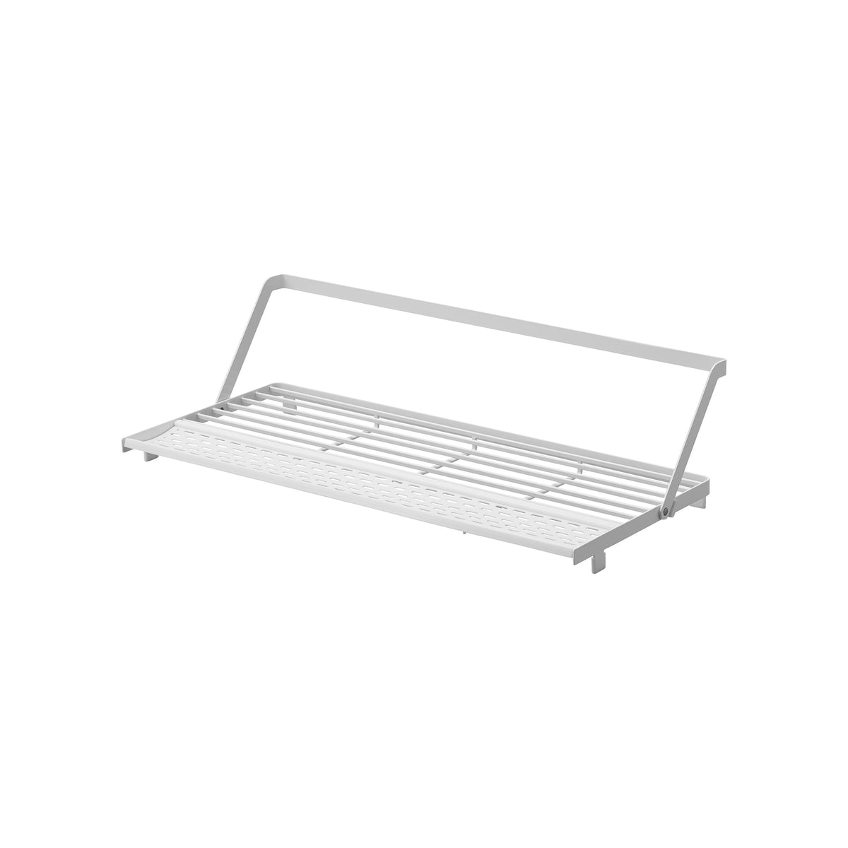 Empty white Yamazaki Home Slim Over-the-Sink Dish Drying Rack - Steel isolated on white, showing its raised rear rail, parallel base bars, perforated side tray and projecting end supports.