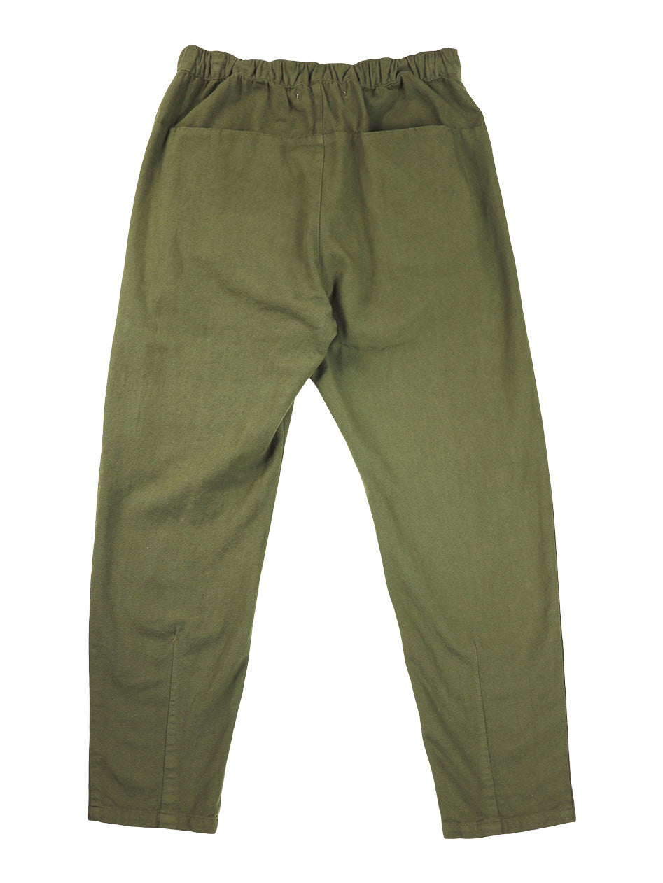 Back product view of olive-green Canvas Souk pants with an elastic waistband.