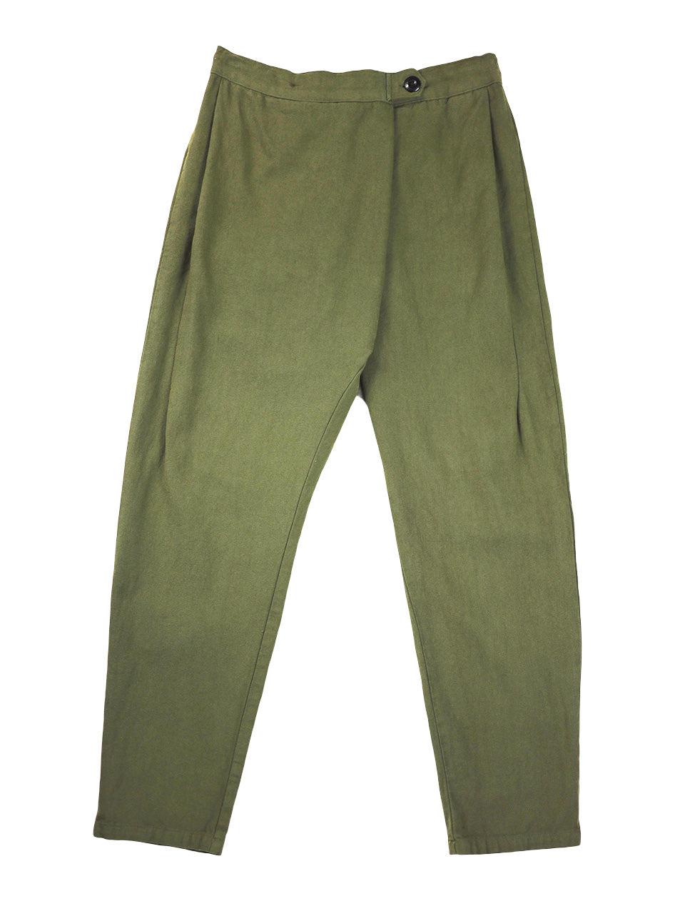 Front product view of olive-green Canvas Souk pants with a buttoned waistband.