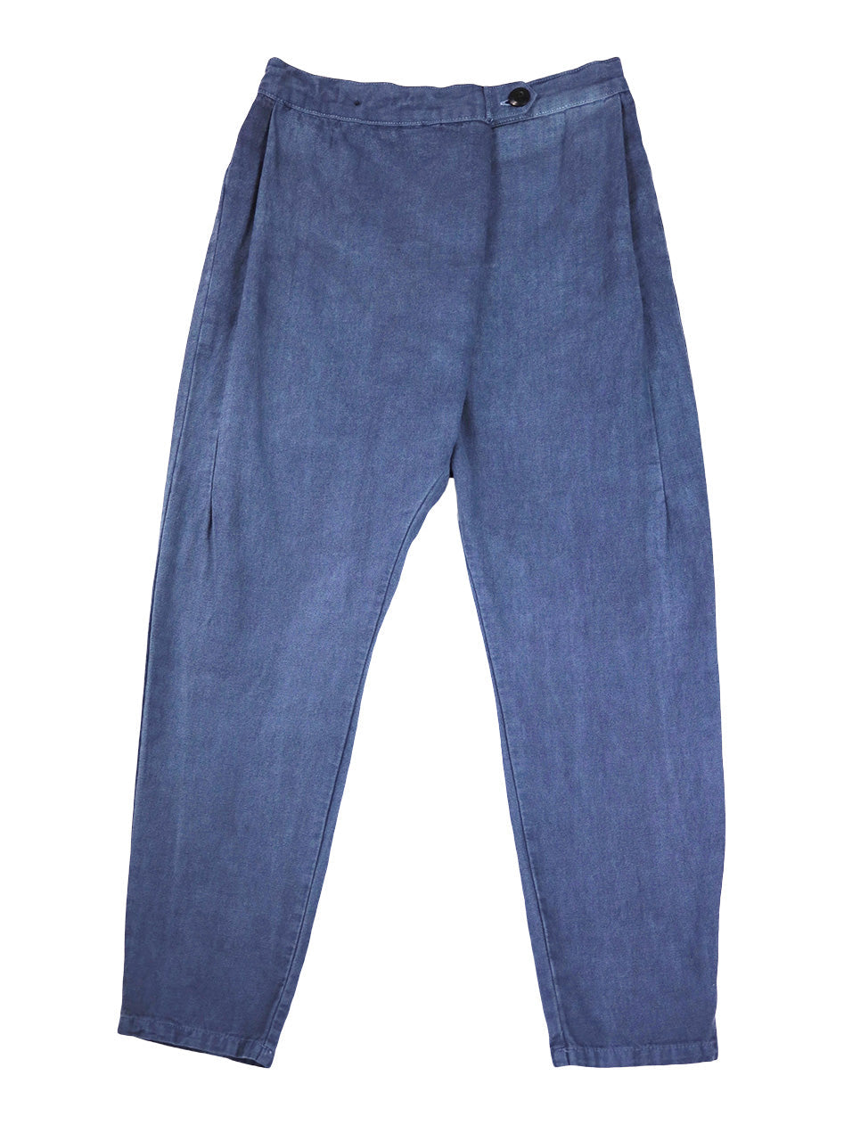 Front product view of blue Canvas Souk pants with a buttoned waistband.