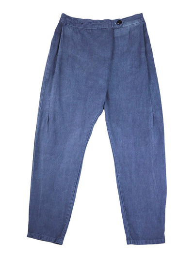 Front product view of blue Canvas Souk pants with a buttoned waistband.