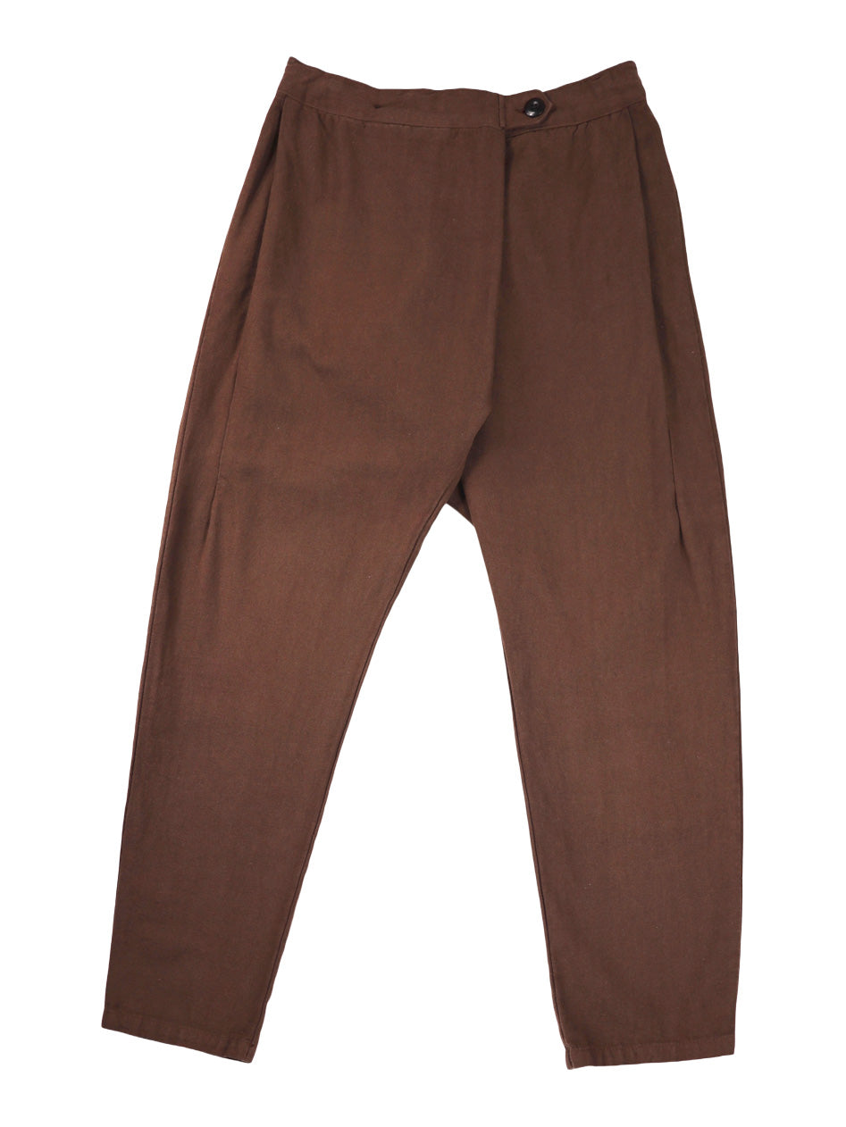 Front product view of brown Canvas Souk pants with a buttoned waistband.
