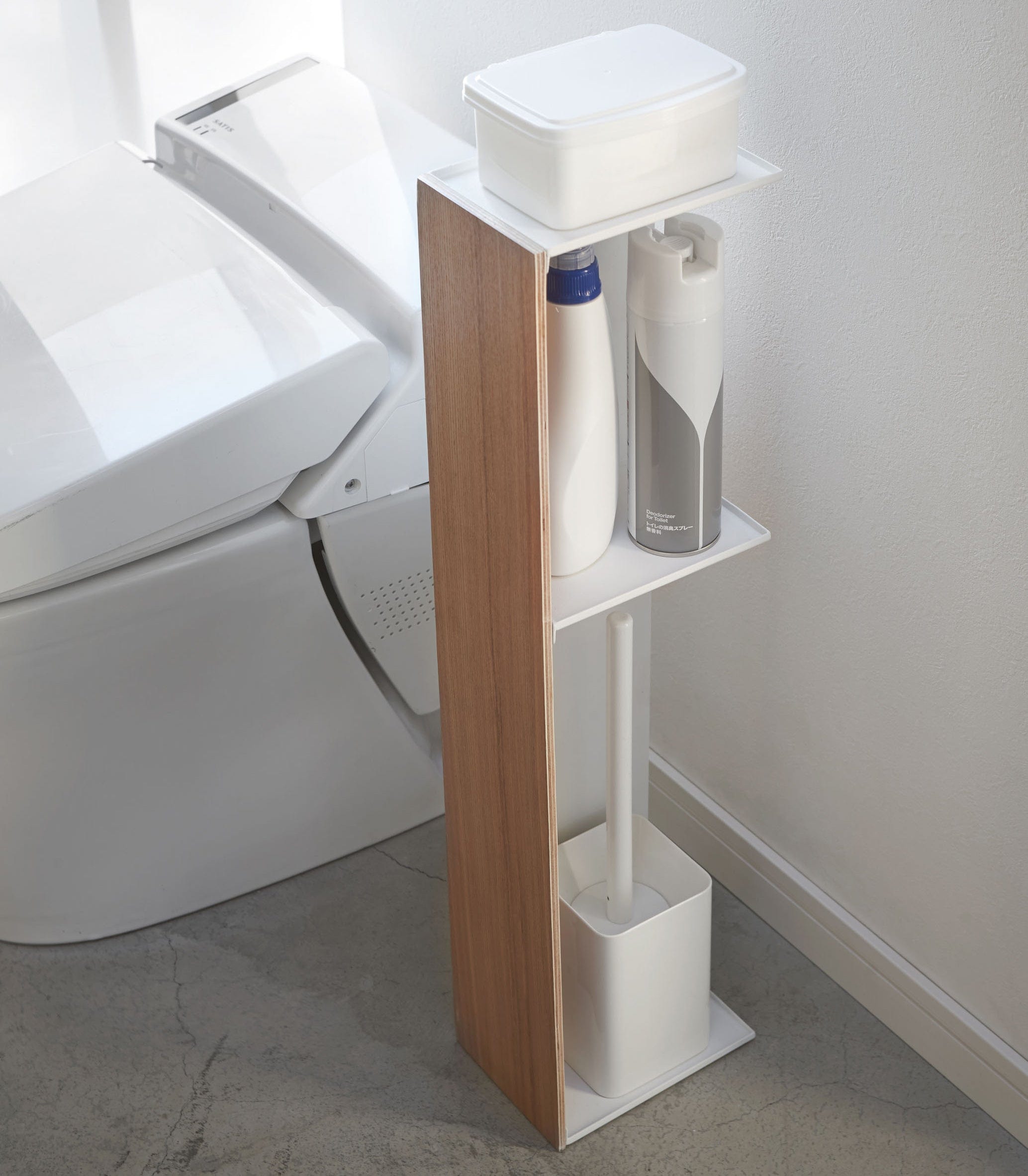 Bathroom Organizer - Steel + Wood in bathroom with supplies
