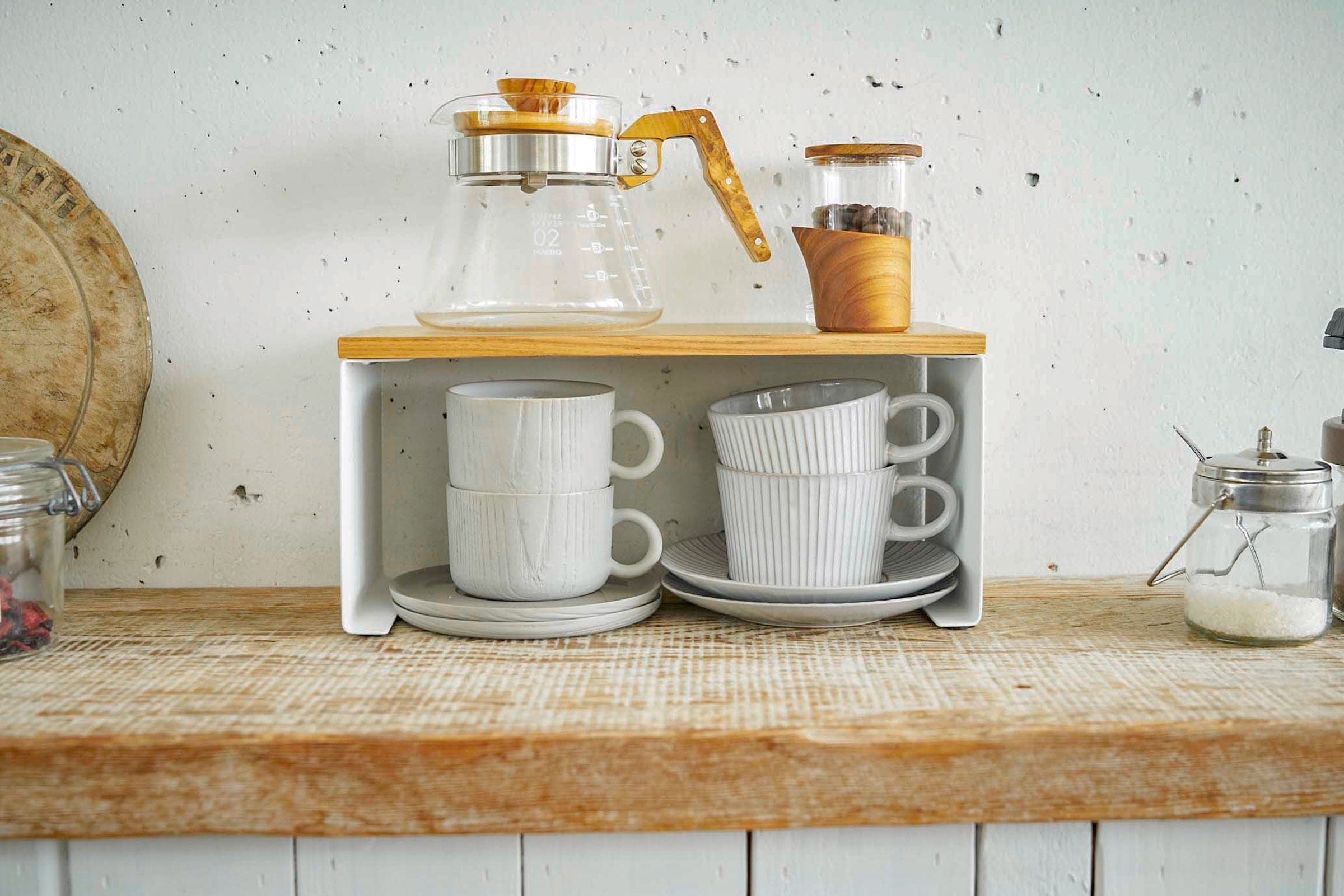 Stackable Countertop Shelf - Two Sizes - Steel + Wood, shown in kitchen
