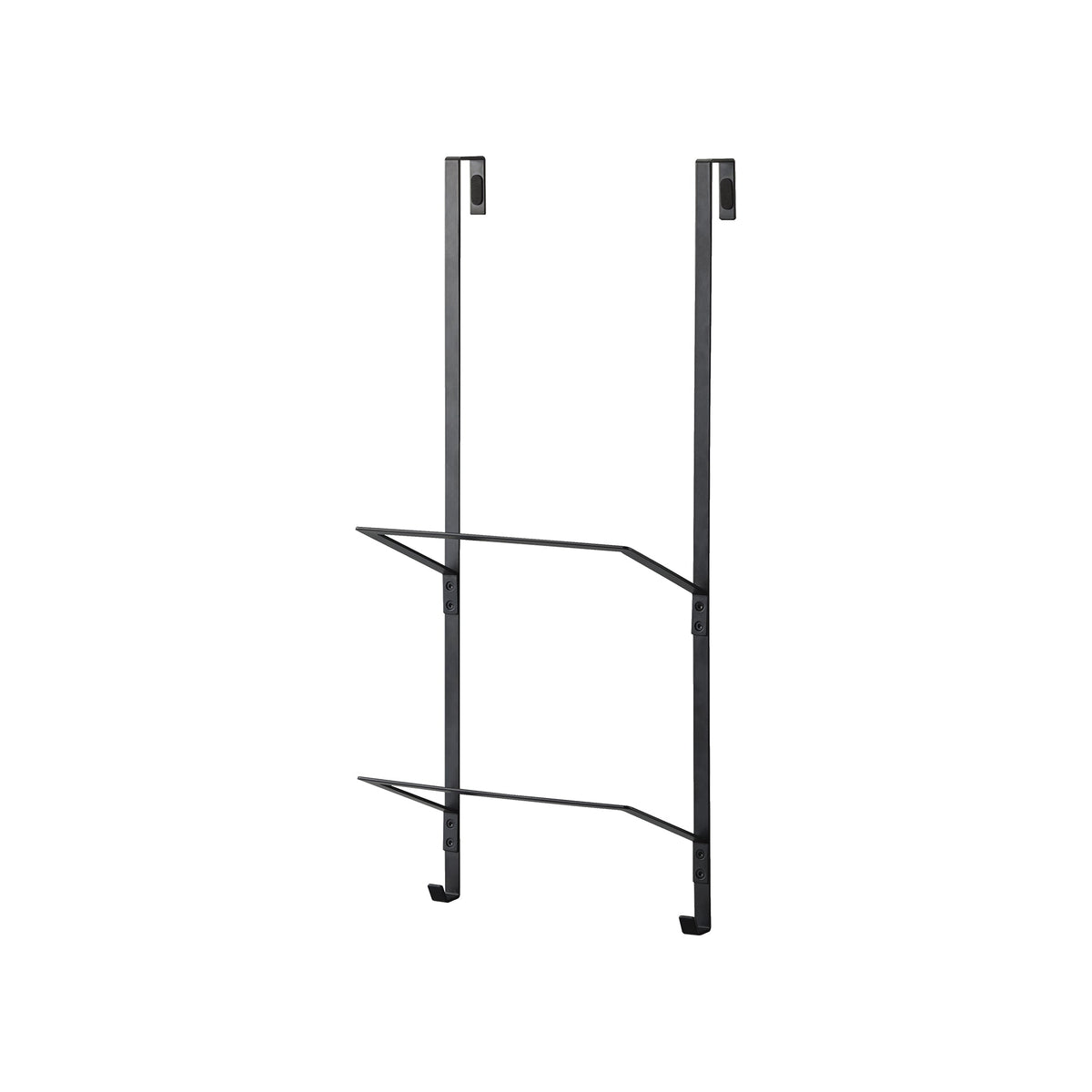 Empty black Yamazaki Home Over-the-Door Fitness Equipment Hanger - Steel isolated on white, showing its twin upright rails, over-door brackets, two open support levels and curved bottom hooks.