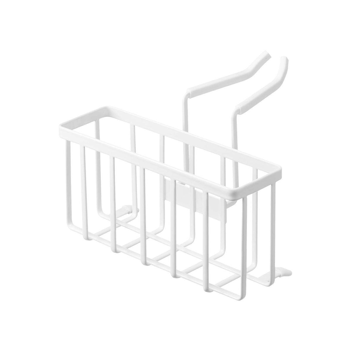 Empty white Yamazaki Home Faucet-Hanging Sponge Caddy - Steel isolated on white, showing its rectangular wire basket, open base, twin raised support arms and small side hooks.