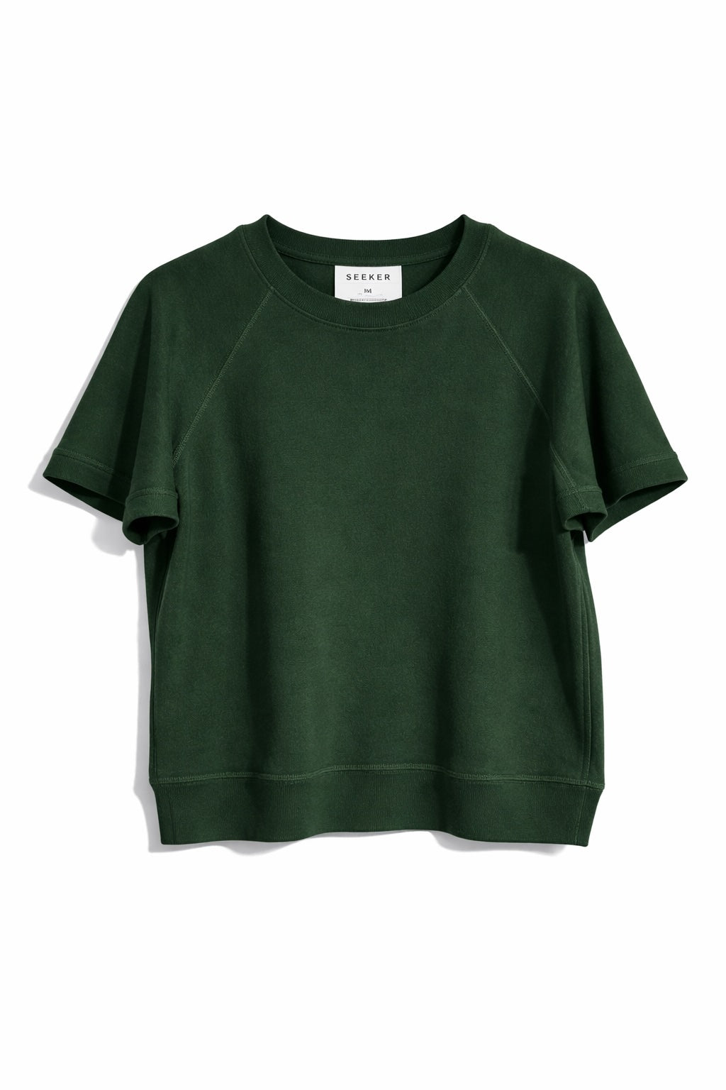 Front product view of the dark forest-green short-sleeve raglan shirt.