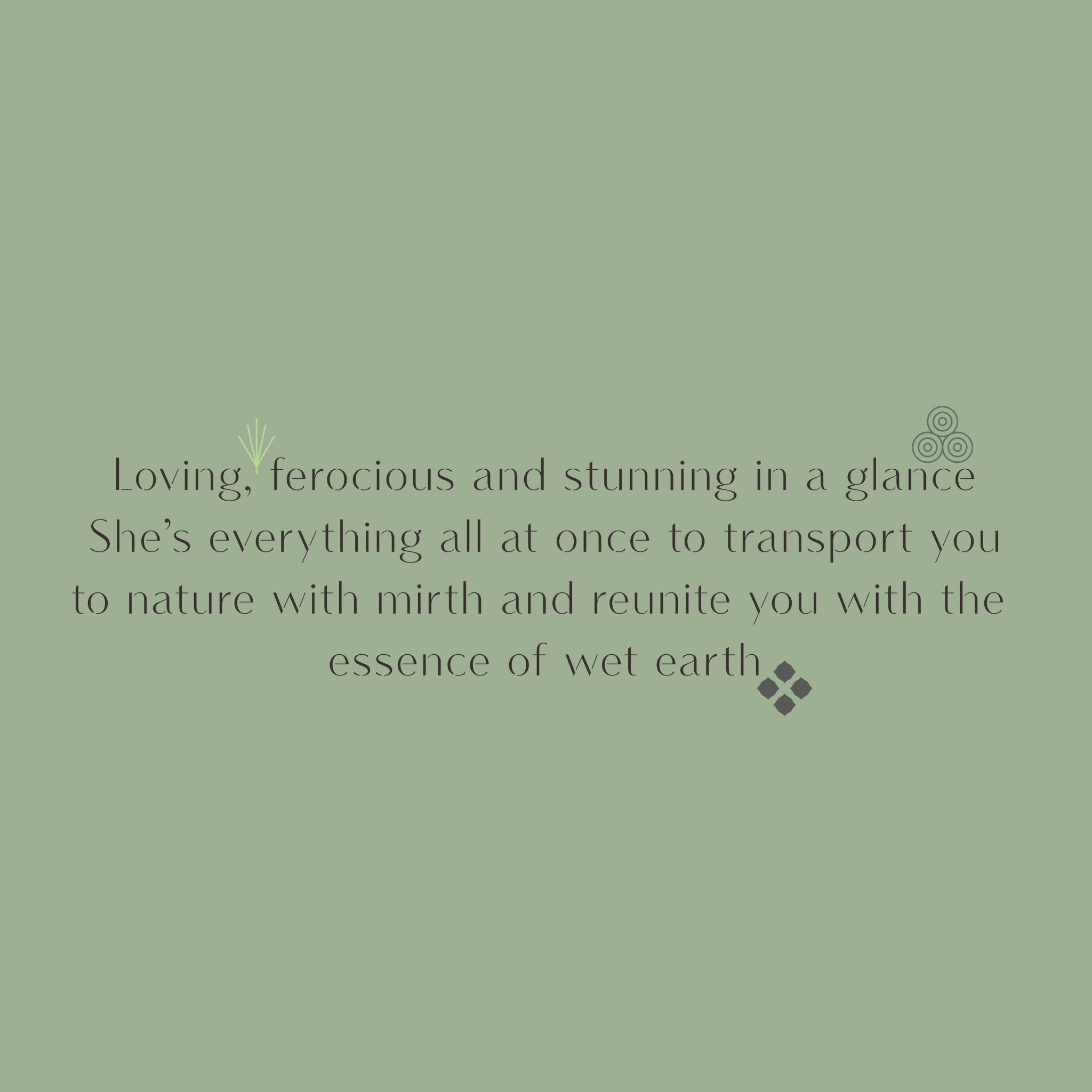 Sage green graphic describing Looshi Rewild as a bold fragrance that transports the senses to nature and the essence of wet earth