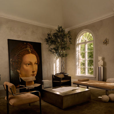 Living room with a large portrait of a woman on the wall, a coffee table, and a window with plants.