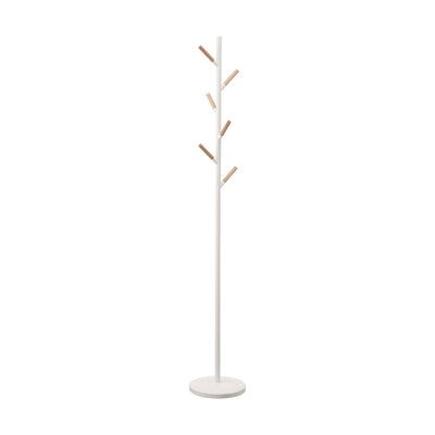 Empty white Yamazaki Home Coat Rack (70" H) - Steel isolated on white, showing staggered wood-tipped hooks along a tall pole and a low circular base.