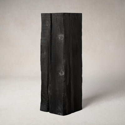 Charcoal sculpture pedestal in shou sugi ban Douglas fir, studio front view