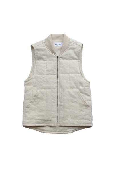 Front product view of the light beige Quilted Vest with a stand collar, zip closure, square quilting, and side pockets.