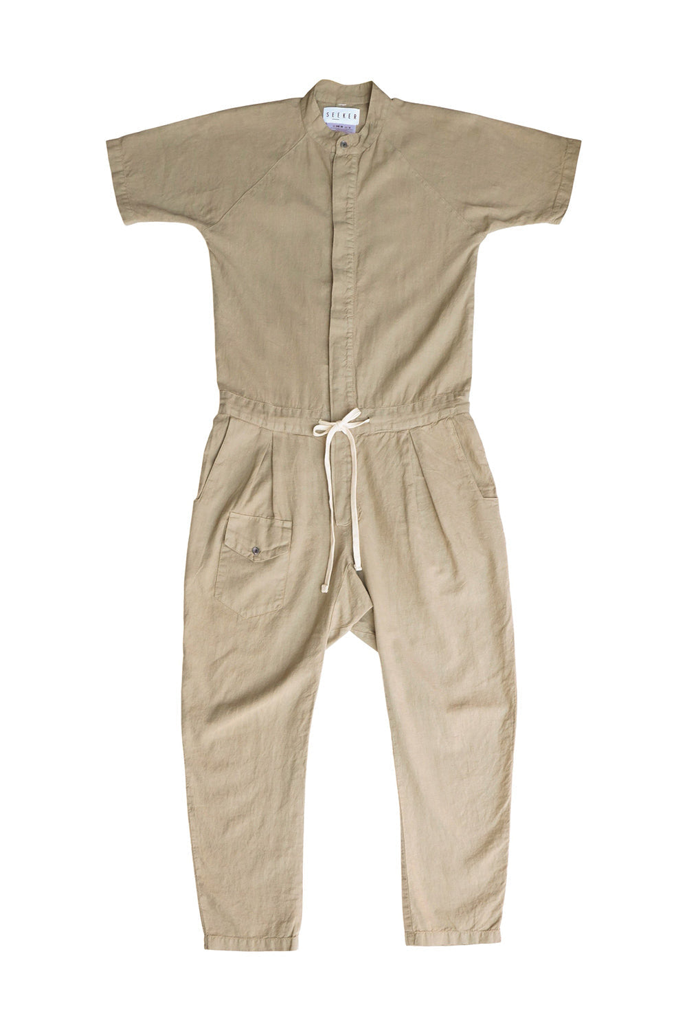 Front flat-lay view of the tan short-sleeve jumpsuit.