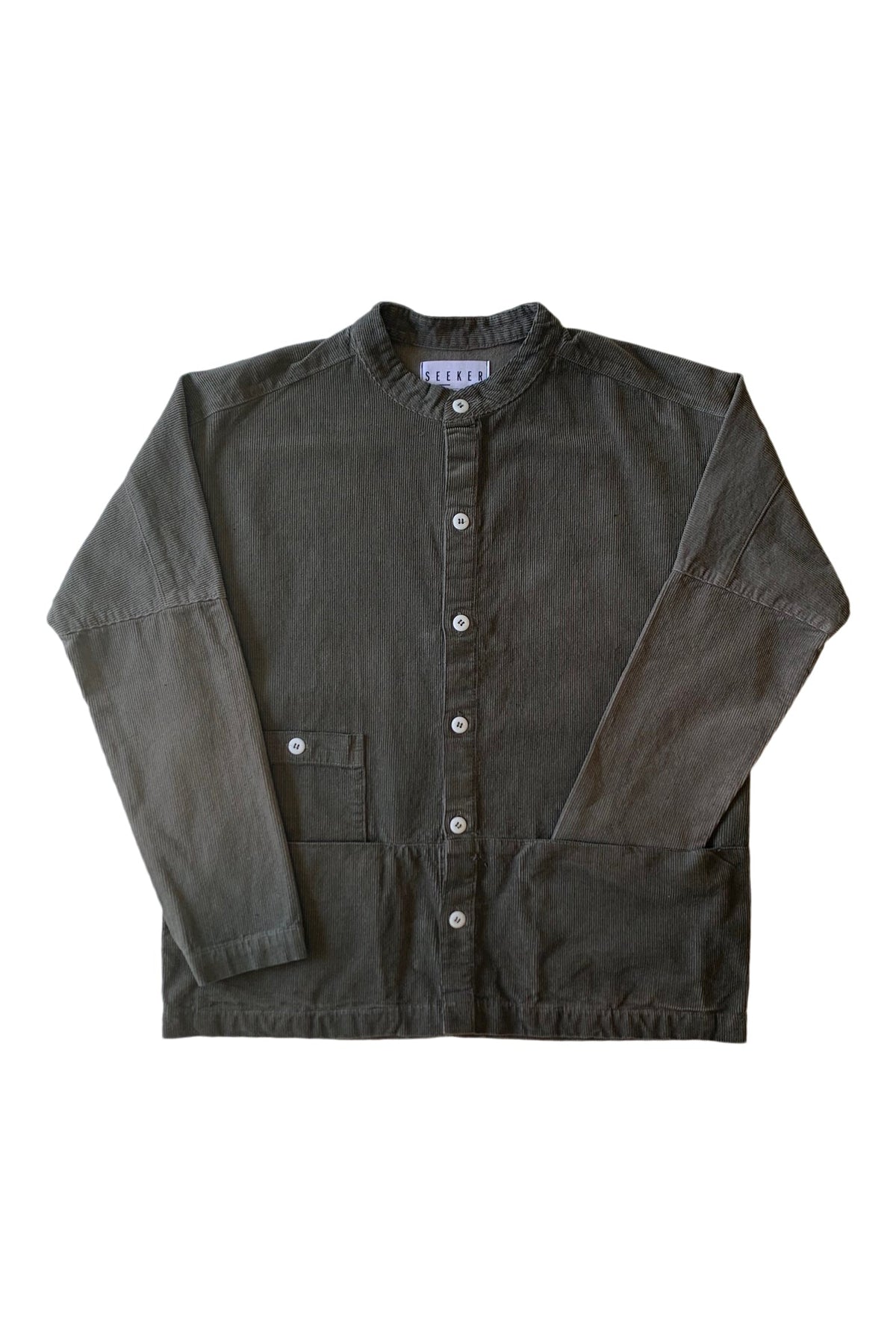 Front product view of the charcoal-gray Raj corduroy coat.