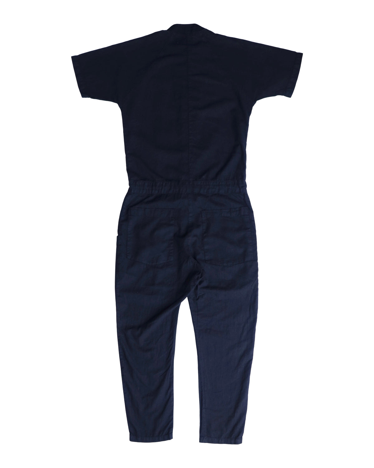 Back flat-lay view of the navy short-sleeve jumpsuit.