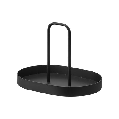 Empty black Yamazaki Home Vanity Tray with Handle - Steel isolated on white, showing its elongated oval shape, low surrounding rim and tall central handle.