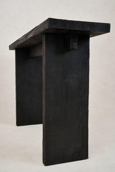 Side view of Shou Sugi Ban entry console showing thick wood top
