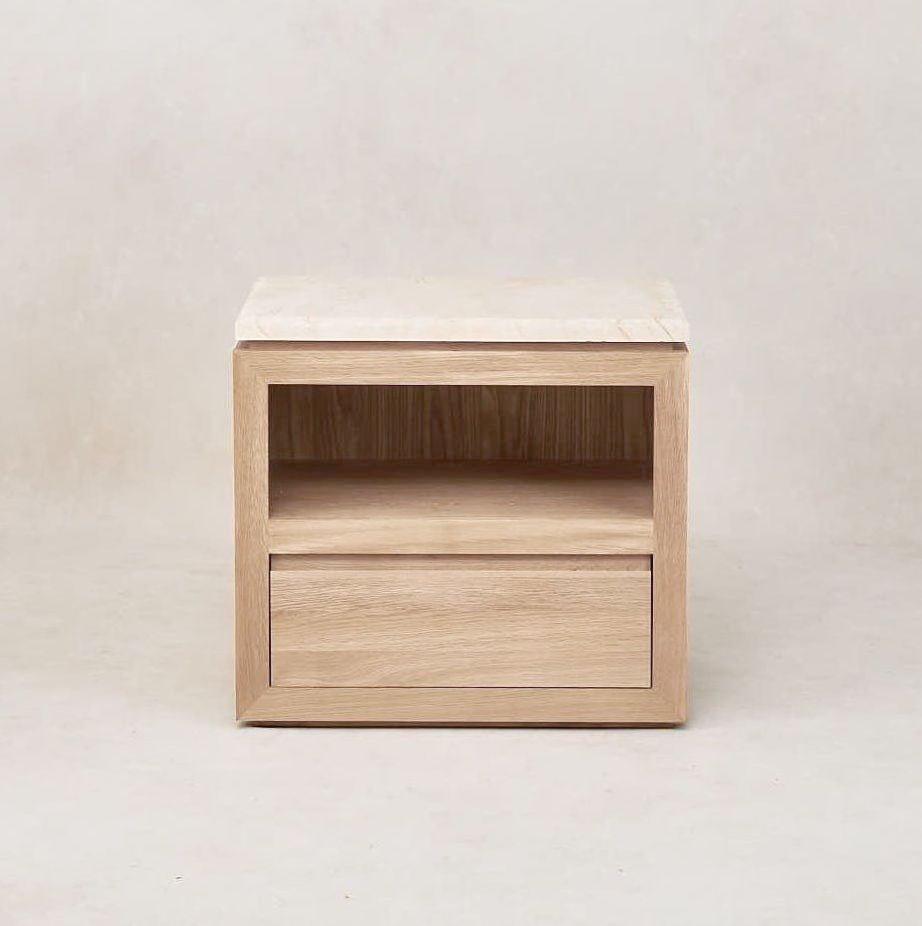 White oak nightstand with Sofita marble top and raw edge slab