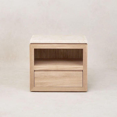 White oak nightstand with Sofita marble top and raw edge slab