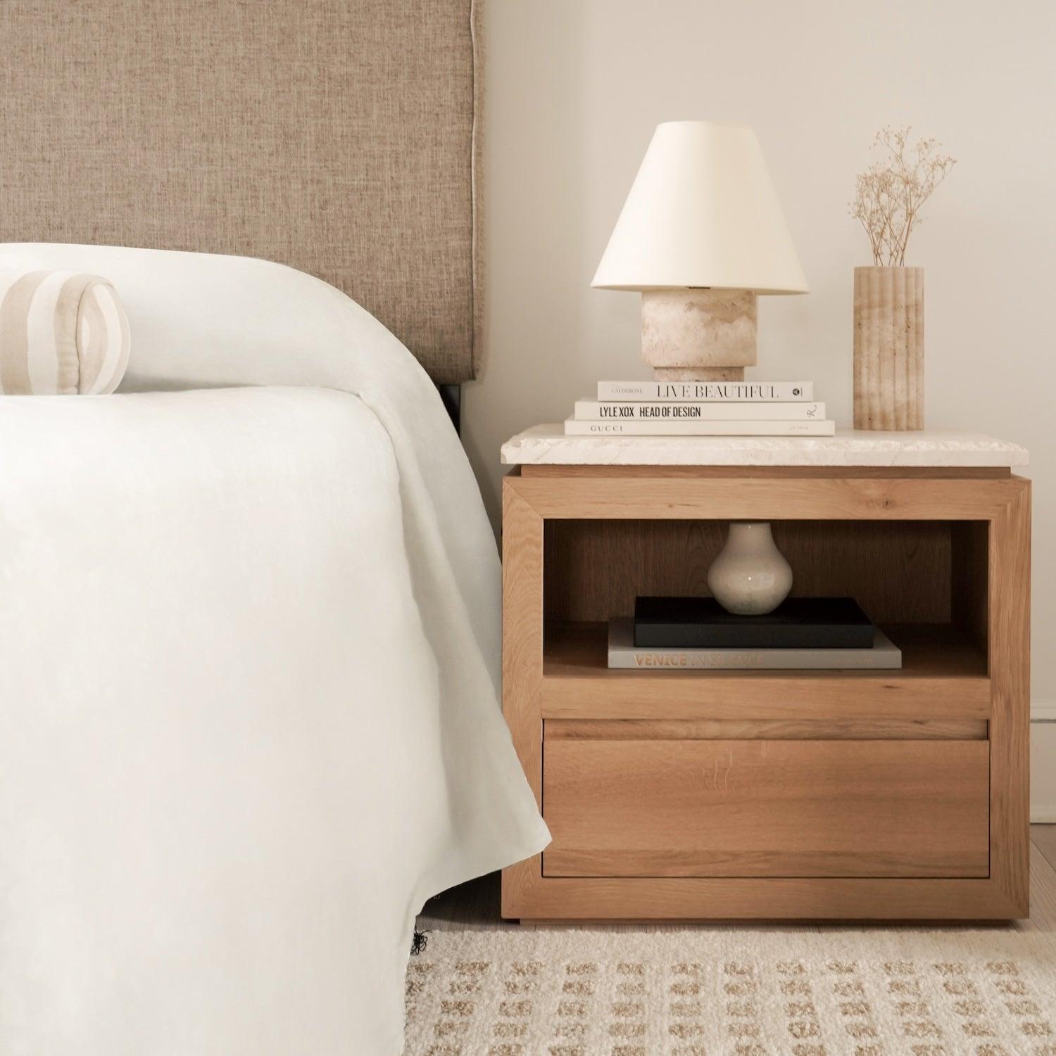 Minimalist Japandi bedside table with soft-close drawer and cable hole