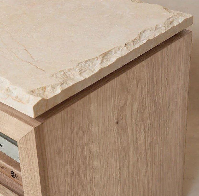 Sofita marble nightstand in white oak wood base showing rose veining