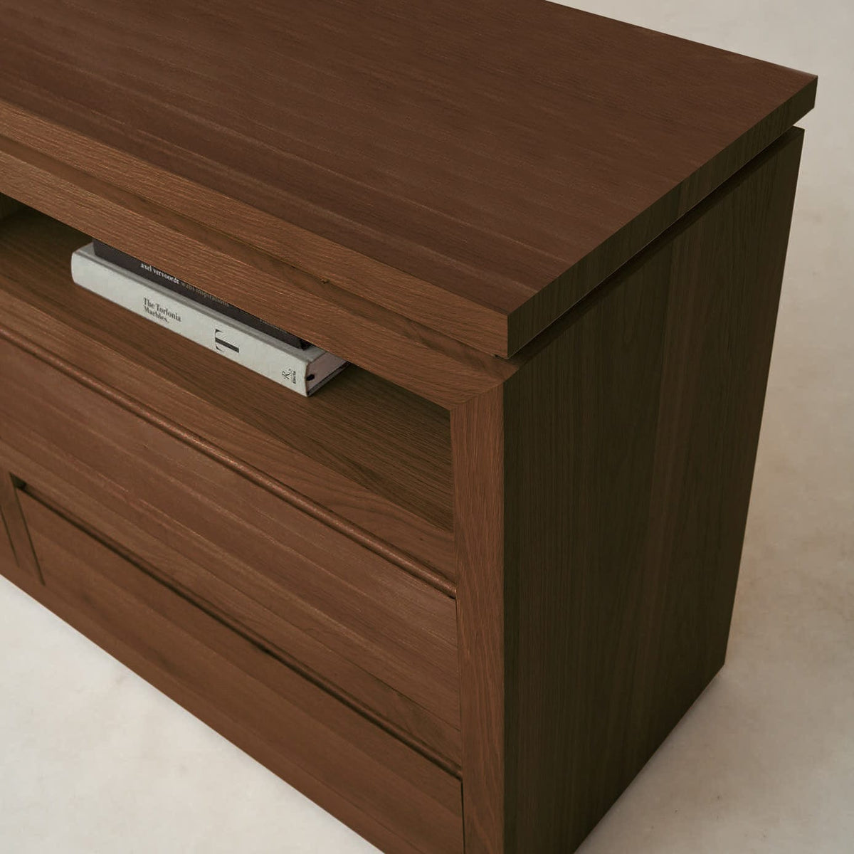 Close-up of Sofita mocha dresser drawer with solid wood construction