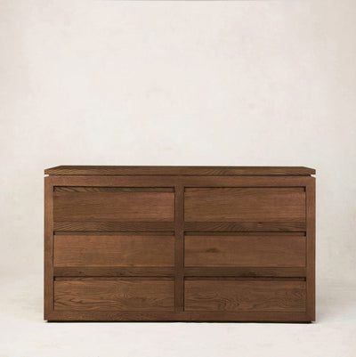 Front view of Sofita wood dresser in mocha highlighting rich wood grain